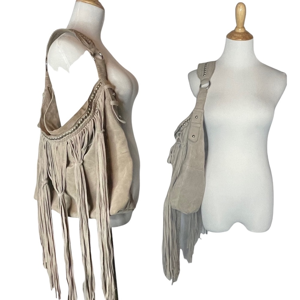 Last Chance….Sondra Roberta Gray Suede Leather Large Fringe Studded Hobo Bag - Picture 13 of 16